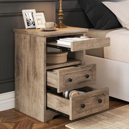 LIKIMIO Night Stand, Modern Bedside Table with 2 Drawers, Open Shelf, End Table with Pull-Out Tray, Wood SideTable, Grey Oak