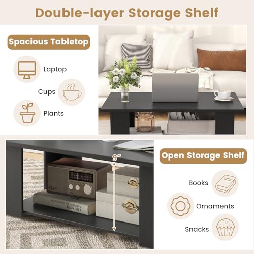 POWERSTONE 41 Inch 2-Tier Coffee Table with Storage Shelf, Wood Farmhouse Center Table with L Legs & Extra Bottom Support for Living Room, Black - color: Black