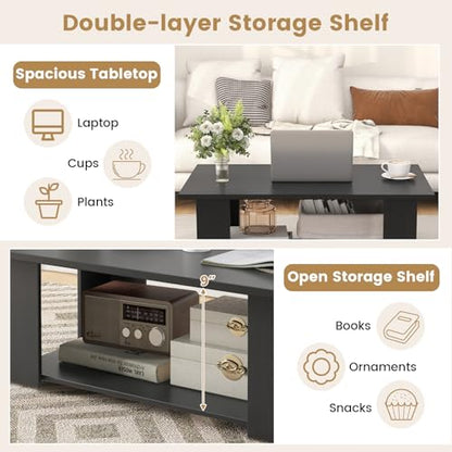 POWERSTONE 41 Inch 2-Tier Coffee Table with Storage Shelf, Wood Farmhouse Center Table with L Legs & Extra Bottom Support for Living Room, Black - color: Black