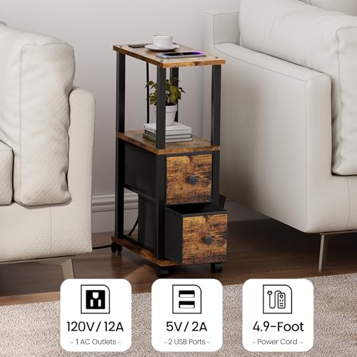 TUTOTAK Small Narrow End Tables, Side Tables with 2 Fabric Drawers, Set of 2, Bedside Tables with Charging Station for Small Spaces, Slim Nightstands with USB Ports and Wheels, TB01BB053C - color: Brown and Black, style: with Outlets