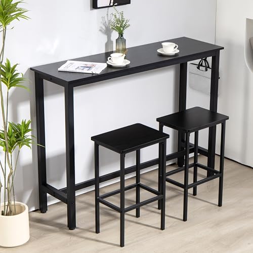 Finnhomy 52.7" Industrial Bar Table Set with 2 Stools - Counter Height Dining & Pub Table for Small Spaces, Kitchen, Apartment, Breakfast Nook - Metal & Wood, Space-Saving Furniture - Rustic Black - color: Rustic Black, size: 52.7" Bar Table