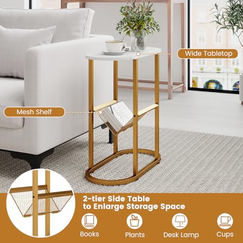 Tangkula Oval Narrow Side Table, 2-Tier End Table with Mesh Magazine Rack, Steel Frame, Industrial Nightstand, Compact Sofa Bedside Table for Living Room Bedroom, White & Gold - color: White & Gold