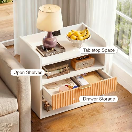ZIFTY Fluted Nightstand with Charging Station, White Bedside Table with Drawer and Storage Shelves Modern End Table Side Table for Bedroom Living Room, Night Stand Bedroom Furniture Apartment Decor