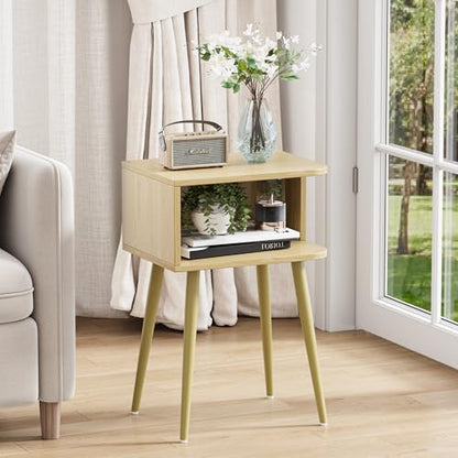 Natural Nightstand Set of 2, Small Bed Side Table for Small Spaces, Mid Century Modern Nightstand End Table with Open Storage, Side Table for Bedroom Living Room, MLBZ20Y-2 - color: Natural