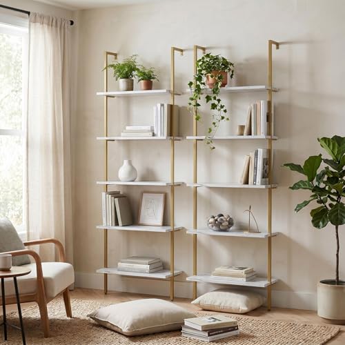 aboxoo Ladder Shelf White Marble Bookshelf 5-Tier Wall-Mounted Wood Rack Industrial Modern Plant Flower Stand Utility Organizer Open Bookcase Metal Frame Furniture Office Kitchen Bedroom - color: White Marble 5-tier, size: 1PC