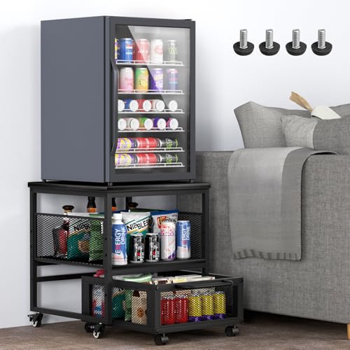 21x21in Mini Fridge Stand with Storage, Heavy Duty Mini Fridge Table with 4 Lockable Wheels for Coffee Bar 220LBS Compact Beverage Refrigerator Stand Cabinet Dorm Fridge Cart for Office Home (Black) - color: Black