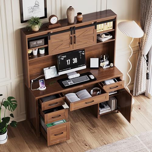 61" Farmhouse Executive Desk with Hutch & Charging Station, Wooden Computer Desk with 2 Sliding Barn Doors, 5 Drawers & Storage Cabinet with Adjustable Shelf for Home Office, Bedroom (Walnut-01) - color: Walnut-01