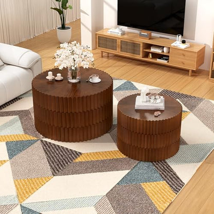 Round Nesting Coffee Table Set of 2 Modern Fluted Coffee Table Walnut Round End Table Small Side Table Circular Coffee Tables Circle Nested Coffee Tables for Living Room (Brown Large) - color: Brown Large