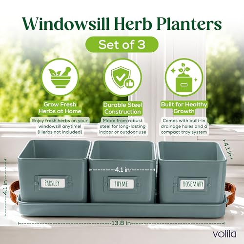 volila Herb Planter Indoor - Set of 3 Teal Blue Indoor Herb Garden Pots for Plants with Leather Handled Tray - Window Sill Plant Shelf - Herb Pots with Drainage Holes and Labels - color: Teal Blue