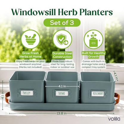 volila Herb Planter Indoor - Set of 3 Teal Blue Indoor Herb Garden Pots for Plants with Leather Handled Tray - Window Sill Plant Shelf - Herb Pots with Drainage Holes and Labels - color: Teal Blue