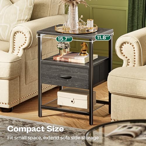 Huuger Nightstand Set of 2, Night Stand with Fabric Drawer, Mesh Shelf, Side Table with Storage, Fabric Drawer Dresser, Open Shelf, Metal Frame, Bedroom, Charcoal Black Wood Grain Print - color: Charcoal Black Wood Grain Print