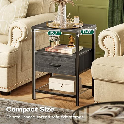 Huuger Nightstand Set of 2, Night Stand with Fabric Drawer, Mesh Shelf, Side Table with Storage, Fabric Drawer Dresser, Open Shelf, Metal Frame, Bedroom, Charcoal Black Wood Grain Print - color: Charcoal Black Wood Grain Print