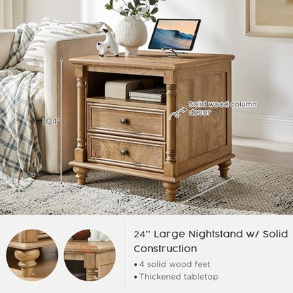 T4TREAM 24" Farmhouse Nightstands with 2 Drawers, Light Tree Knot | 4 Solid Wood Feet, Charging Station, Tall Rustic Wood Square, Sofa Side Table, Living Room, Bedroom - color: Light Tree Knot