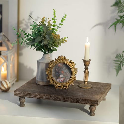 Hanobe Wooden Display Risers for Decor, Rustic White Pedestal Display Stand | 15.7'' Farmhouse Coffee Table Decor for Kitchen Centerpiece Decor, Short & Tall Footed