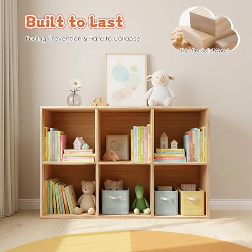 6-Cube Solid Wood Bookshelf, 3-Tier Storage Organizer Semi-Open Floor Display Shelf Closet Cabinet for Home Office Library School, 12" D x 35" W x 24" H - size: 6-Cube