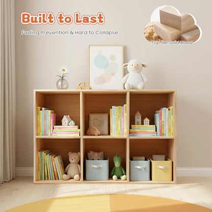 6-Cube Solid Wood Bookshelf, 3-Tier Storage Organizer Semi-Open Floor Display Shelf Closet Cabinet for Home Office Library School, 12" D x 35" W x 24" H - size: 6-Cube