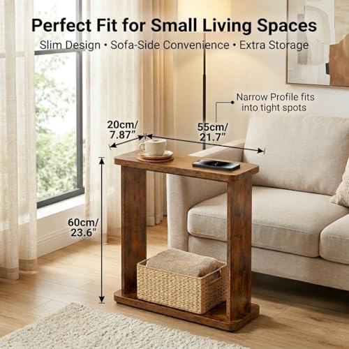 Narrow Side Table for Small Spaces, 7.9" Slim End Table with 2-Tier Open Storage Shelf, Modern Skinny Wood Sofa Table for Living Room, Bedroom, Nightstand, Couch (Rustic Brown) - color: Rustic Brown