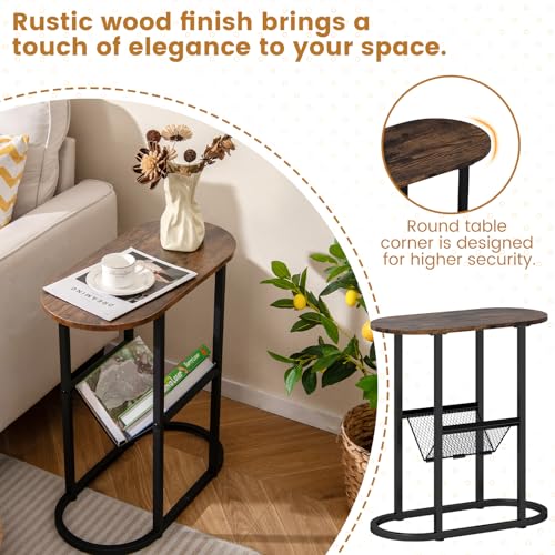Tangkula Oval Narrow Side Table, 2-Tier End Table w/Mesh Magazine Rack, Steel Frame, Industrial Nightstand, Compact Sofa Bedside Table for Living Room Bedroom, Rustic Brown & Black - color: Rustic Brown & Black
