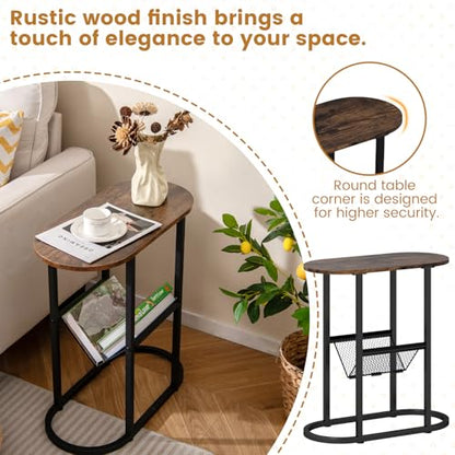 Tangkula Oval Narrow Side Table, 2-Tier End Table w/Mesh Magazine Rack, Steel Frame, Industrial Nightstand, Compact Sofa Bedside Table for Living Room Bedroom, Rustic Brown & Black - color: Rustic Brown & Black