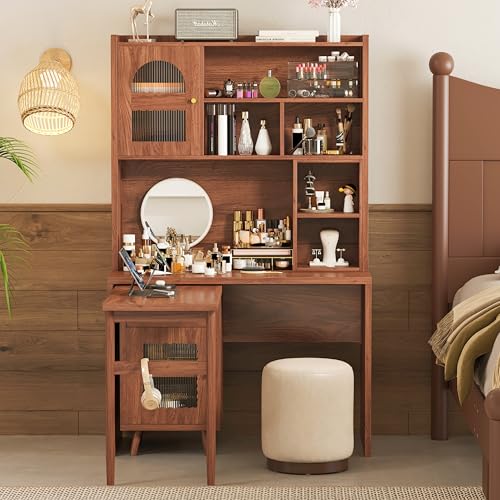 Bellemave Computer Desk with 90 Degree Rotating Desktop, 43x70 Inch Home Office Desk with Drawer and Storage Cabinets, Gaming Desk with Shelves, Writing Desk for Study (Walnut) - color: Walnut