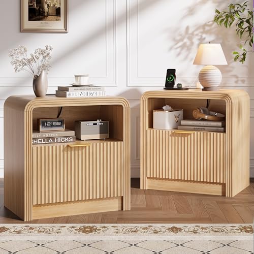 Decofy 23'' Wide Fluted Nightstand Set of 2 with Charging Station, Beside Table with Drawers & Open Shelf, Mordern Large Night Stand with Curved Corners, Wood End Table for Bedroom, Oak - color: Oak, size: 2 Pack
