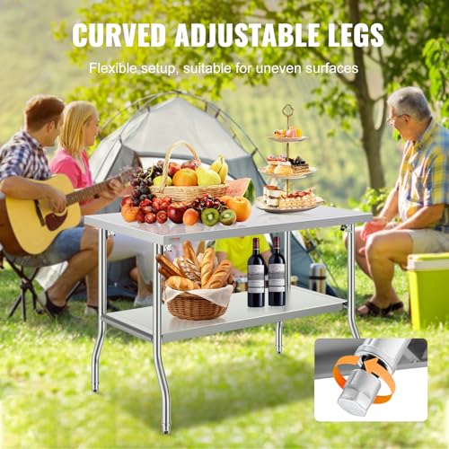 VEVOR Stainless Steel Foldable Work Table, 30 * 48 Inch Heavy Duty Food Outdoor Double Layer Stainless Steel Worktable for Commercial Kitchen Restaurant - size: Double layer 30"*48", style: Foldable