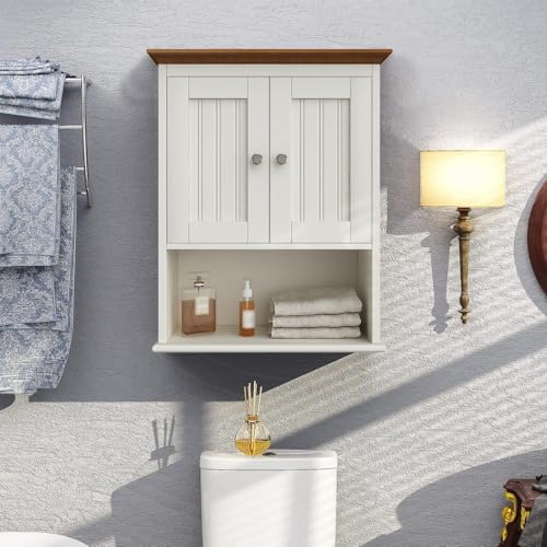 Treocho Wood Wall Cabinet, Bathroom Medicine Cabinet Storage with Doors and Adjustable Shelf, Rustic Cabinet Wall Mounted for Bathroom, Living Room, Kitchen, White & Brown - color: Farmhouse