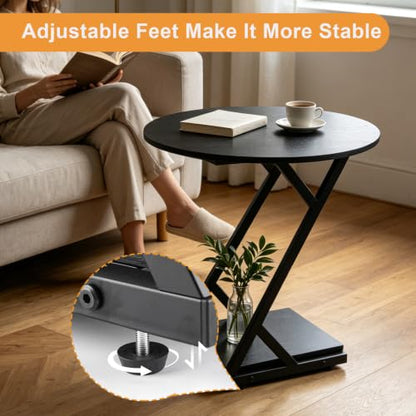 20In Round Side Table, 2-Tier Black End Table with Z-Shaped Metal Frame, Wood Grain Small Round Accent Table with Storage Shelf, Modern Sofa Side Table Nightstand for Living Room Bedroom - color: Black-z
