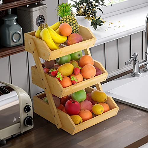 Merysen 3-Tier Bamboo Fruit Basket for Kitchen Countertop, Self-assembly | Large Fruit Holder Stand, Suitable for Bread, Snacks, Vegetables, Produce, Home Storage and Display - size: 3 Tier Bamboo