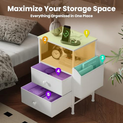 MALOL Night Stand with Charging Station & Led Light Strip, Bedside Table with Open Shelf & 2 Fabric Drawers and Reversible Side Storage Pocket, Modern End Table Bedroom,Living Room,White - color: White, size: Set of 1