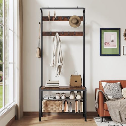 NEWBULIG Coat Rack, Hall Tree with Shoe Bench, 4-in-1 Entryway Organizer with 10 Hooks and Storage Shelf, Rustic Wood Entryway Bench for Mudroom, Living Room, Bedroom, Brown - color: Deep Brown