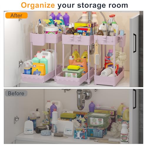 Sevenblue 3 Pack Under Sink Organizers, 2-Tier Multi-Use Kitchen and Bathroom Organizers and Storage with Sliding Drawers, Bathroom Cabinet Organizer (Pink, 14.8 Inch) | Multi-use kitchen & bathroom storage, 14.8 inch pink cabinet organizer, space-saving