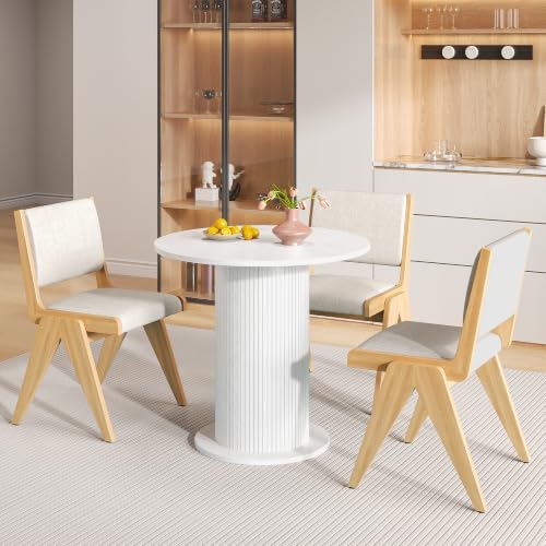 31.5 inch Round Dining Table for 2, Modern Farmhouse Kitchen Table, Small Circle Dining Tables with Wood Strip Base for Kitchen Living Room (White) - color: White