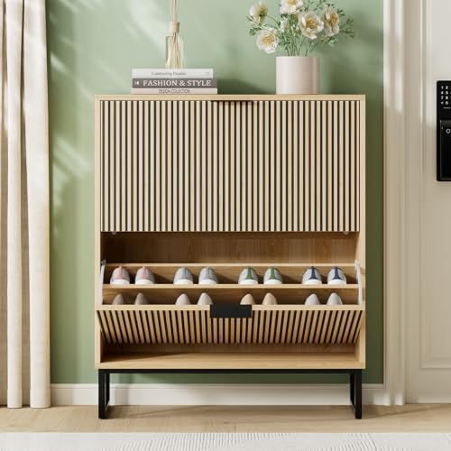 Shoe Cabinet Storage Entryway Slim, Shoe Organizer Cabinet with 2 Flip Drawers, Modern Freestanding Hidden Shoe Rack for Entryway, Natural Wood - size: 2 Flip Drawers