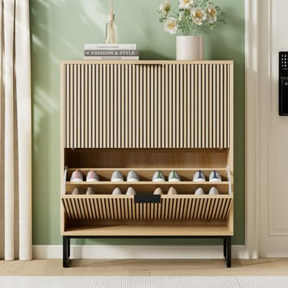 Shoe Cabinet Storage Entryway Slim, Shoe Organizer Cabinet with 2 Flip Drawers, Modern Freestanding Hidden Shoe Rack for Entryway, Natural Wood - size: 2 Flip Drawers