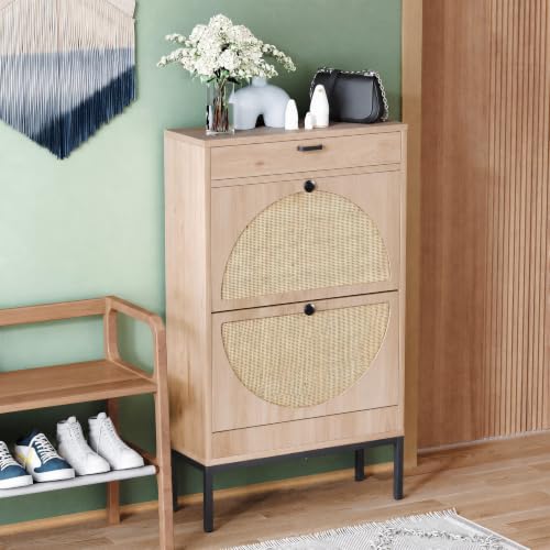 Shoe Rack Storage Organizer with 2 Natural Semi-Circular Rattan Doors, Entryway Wooden Shoe Cabinet for Sneakers, Leather Shoes, High Heels, Slippers (1 Piece, Oak) - color: Oak