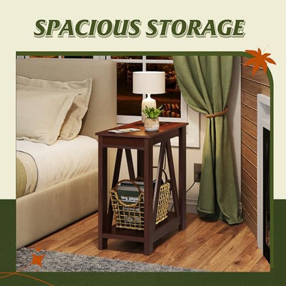 WLIVE Narrow End Table with Charging Station of Open Storage Shelf，Sofa Side Table with 2 USB Ports and 2 Power Outlets，Slim Farmhouse End Table for Small Spaces, 11.8" D x 23.6" W x 23.74" H - color: Espresso