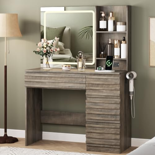 Makeup Vanity Desk with Lights, Fluted Vanity with 4 Drawers, Open Shelves, Power Outlet, LED Lighted Mirror, 3 Lighting Modes & Brightness Adjustable, Wood Dressing Table for Bedroom,Wood Grey - color: Wood Grey