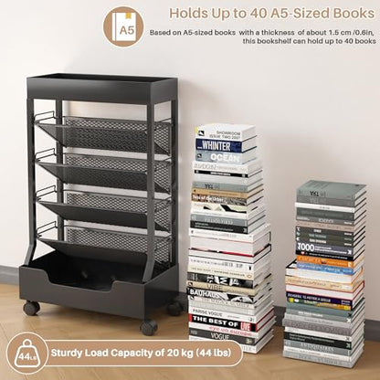 UMDONX Modern Mobile Single-Sided Metal Book Cart | Features A Metal Top Panel, A Base, and Clip-in Shelves; Suitable for Home, Office, and Classroom - color: Black