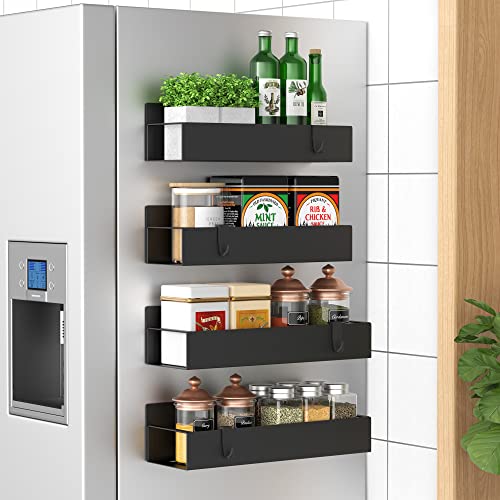 Metal Magnetic Spice Rack for Refrigerator with Hooks Matt Black | Magnetic Shelves Heavy Duty for Fridge in Kitchen, Seasoning Storage Organizer, For Oven Washer and Dryer, For Heavier Items - color: Matt Black, size: 4 Pack