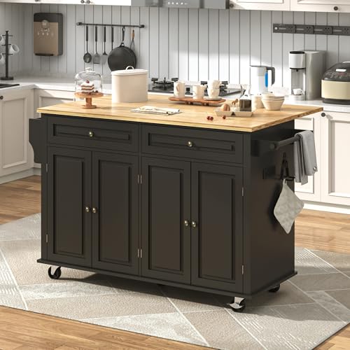 Gitua 59" W Rolling Kitchen Island with Drop Leaf, Movable Kitchen Carts on Wheels Island with Storage Cabinet&Charging Station, Island Table for Kitchen w/Rubber Wood Top, Rack, Hook, Drawers, Black - color: Black, size: 59"W