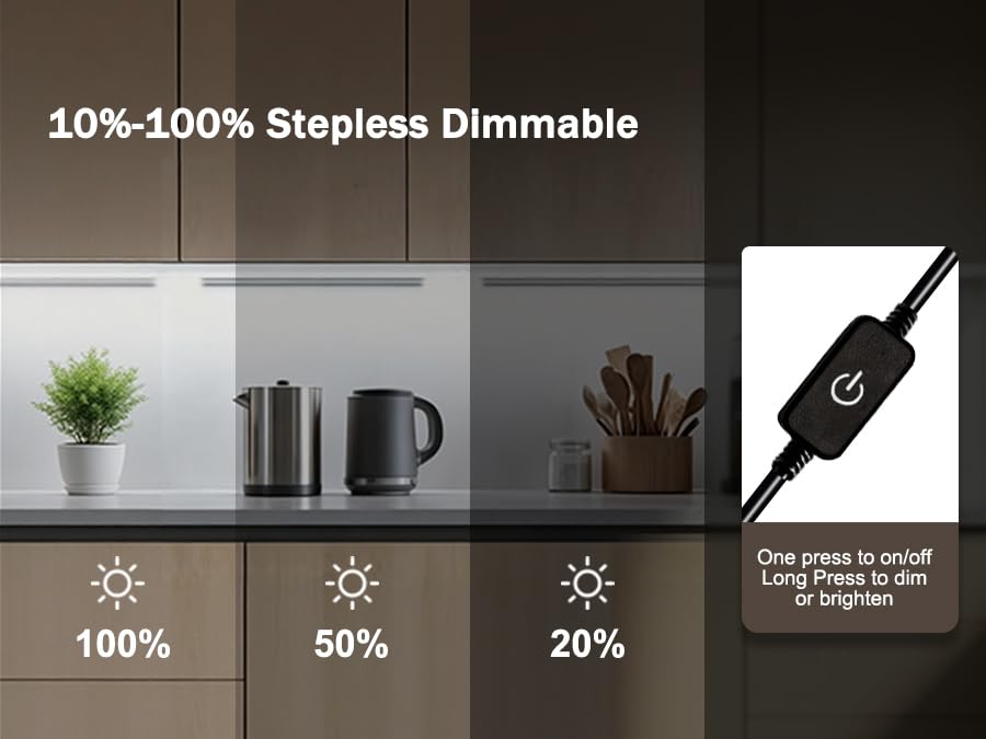 Cefrank LED Under Cabinet Lights, 4-Pack Dimmable Display Memory Bars Kit | 6000K cold white 1200LM, ultra-thin black aluminum with memory dimmer. Plug-in AC for kitchen, bookcase, glass showcases.