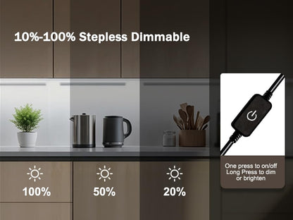 Cefrank LED Under Cabinet Lights, 4-Pack Dimmable Display Memory Bars Kit | 6000K cold white 1200LM, ultra-thin black aluminum with memory dimmer. Plug-in AC for kitchen, bookcase, glass showcases.