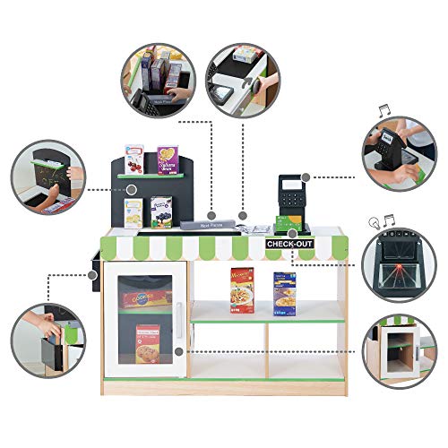 Teamson Kids Cashier Austin Interactive Wooden Play Market Stand with Lights and Sounds, Manual Conveyor Belt, Register and Display Spaces, Green and White Décor on Natural Wood | Manual Conveyor Belt, Scanner, Display Shelves, Green and Natural, Educatio