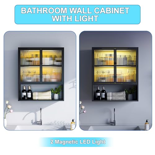 Metal Bathroom Wall Cabinet with Glass Doors | Medicine Cabinet with 2 LED Light, Metal Wall Mounted Cabinet with Open Shelf for Laundry Room, Black - style: Half Glass Door Black