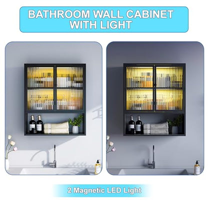 Metal Bathroom Wall Cabinet with Glass Doors | Medicine Cabinet with 2 LED Light, Metal Wall Mounted Cabinet with Open Shelf for Laundry Room, Black - style: Half Glass Door Black