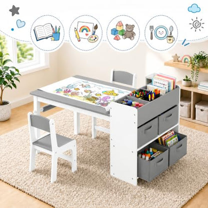 Kids Art Table & 2 Chairs Set, Wooden Activity Craft Desk w/ Paper Roll | Sturdy Wooden Table with Organizers, Open Shelves, Removable Bins, for Toddlers Art Crafts Drawing Painting Writing (Grey) - color: Grey