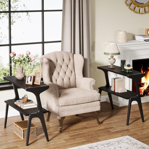 Tribesigns 2-Tier Solid Wood Side Table, Modern Black End Table with Storage Shelves, Tall Slim Side Table for Couch with Unique Legs, Long Bedside Table for Bedroom, Living Room - color: Black