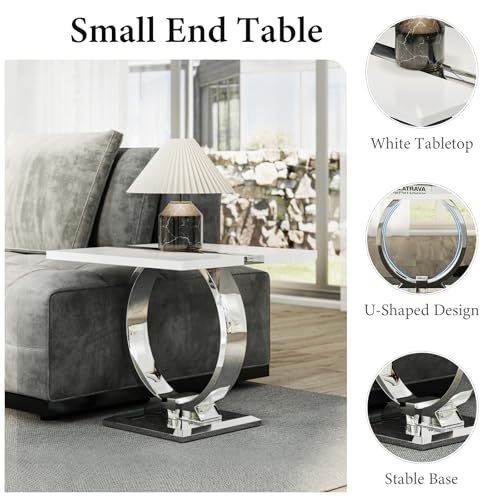 Asday 23.6" White and Silver End Table, Modern Side Table with Glossy Wooden Top and Stainless Steel U-Shaped Base, Accent Table for Living Room, Bedroom, Lounge - color: White and Silver, size: Set of 1