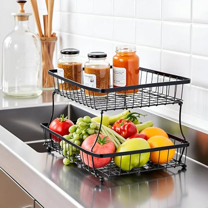 HOSY 2-Tier Metal Fruit Basket, 17-in Rectangle Black Standing Storage Rack | All-Metal, Removable Design, Tool-Free Assembly, Versatile Kitchen Countertop Organizer, Vegetables, Breads, Seasonings - size: 17-inch